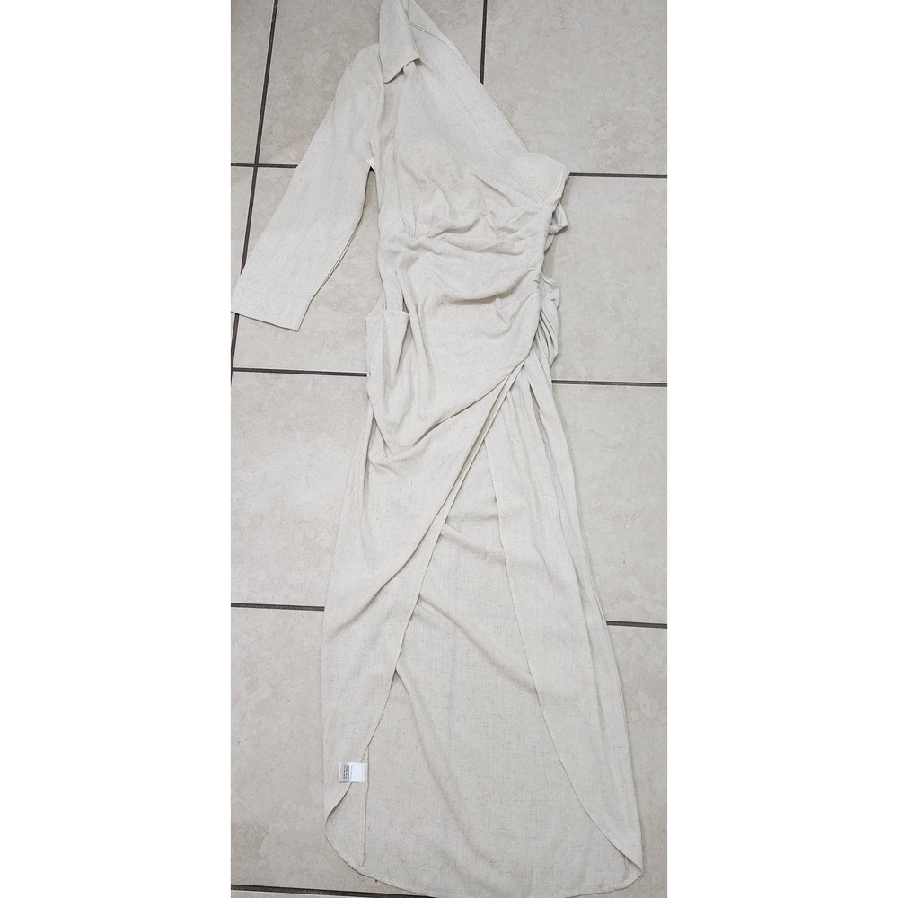 JLUXLABEL Oatmeal Beige Cotton Linen One Shoulder Maxi Dress W-D-MX-621 Small